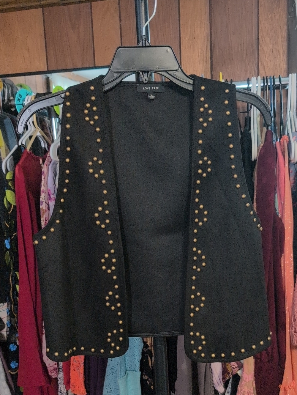Love Tree Black Studded Open-Front Vest with Gold Accents NWOT